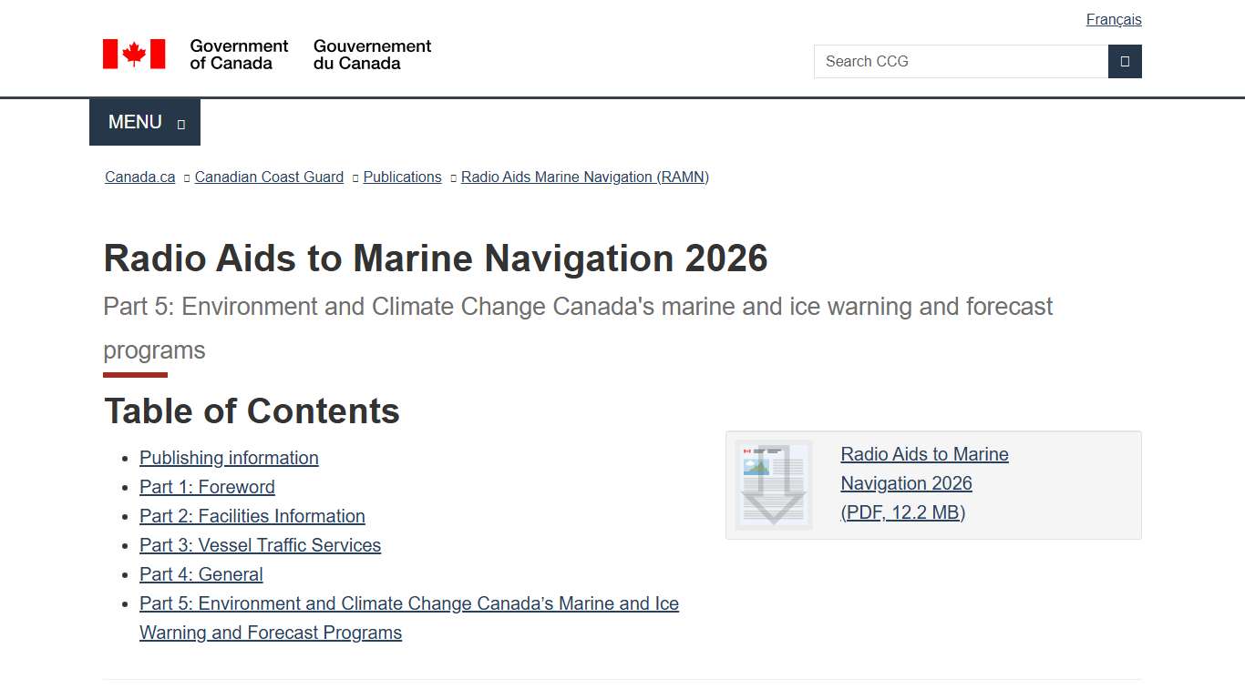 Radio Aids to Marine Navigation 2026 Part 5: Environment and Climate Change Canada's marine and ice warning and forecast programs