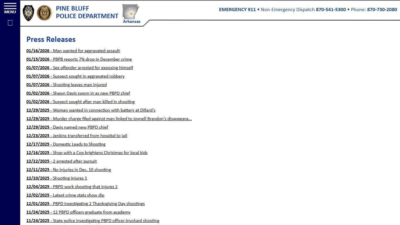 Press Releases Full List - Pine Bluff Arkansas Police Department